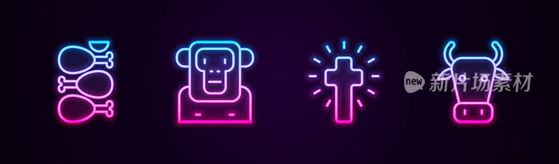 Set line Tandoori chicken, Monkey, Christian cross and Cow. Glowing neon icon. Vector
